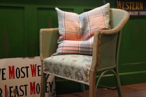 Bronwydd Mill Carthen cushion . Slate Blue & Peach CZ91